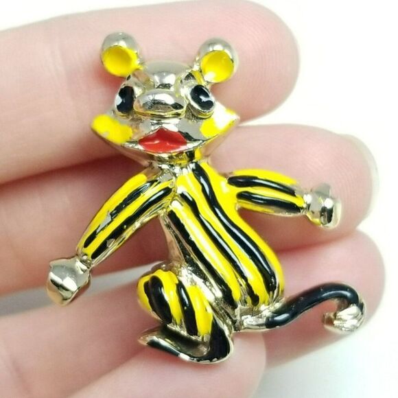Vintage Black and Yellow Striped Enamel Animal Brooch, Ears Tail Mouse Bear - Picture 1 of 6